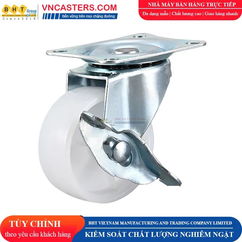 [ROX-001-PP-WT-2514-F-01] Bánh xe nhựa PP trắng không bi càng thép mặt bích tải nhẹ (D25x14mm, Dẫn hướng)